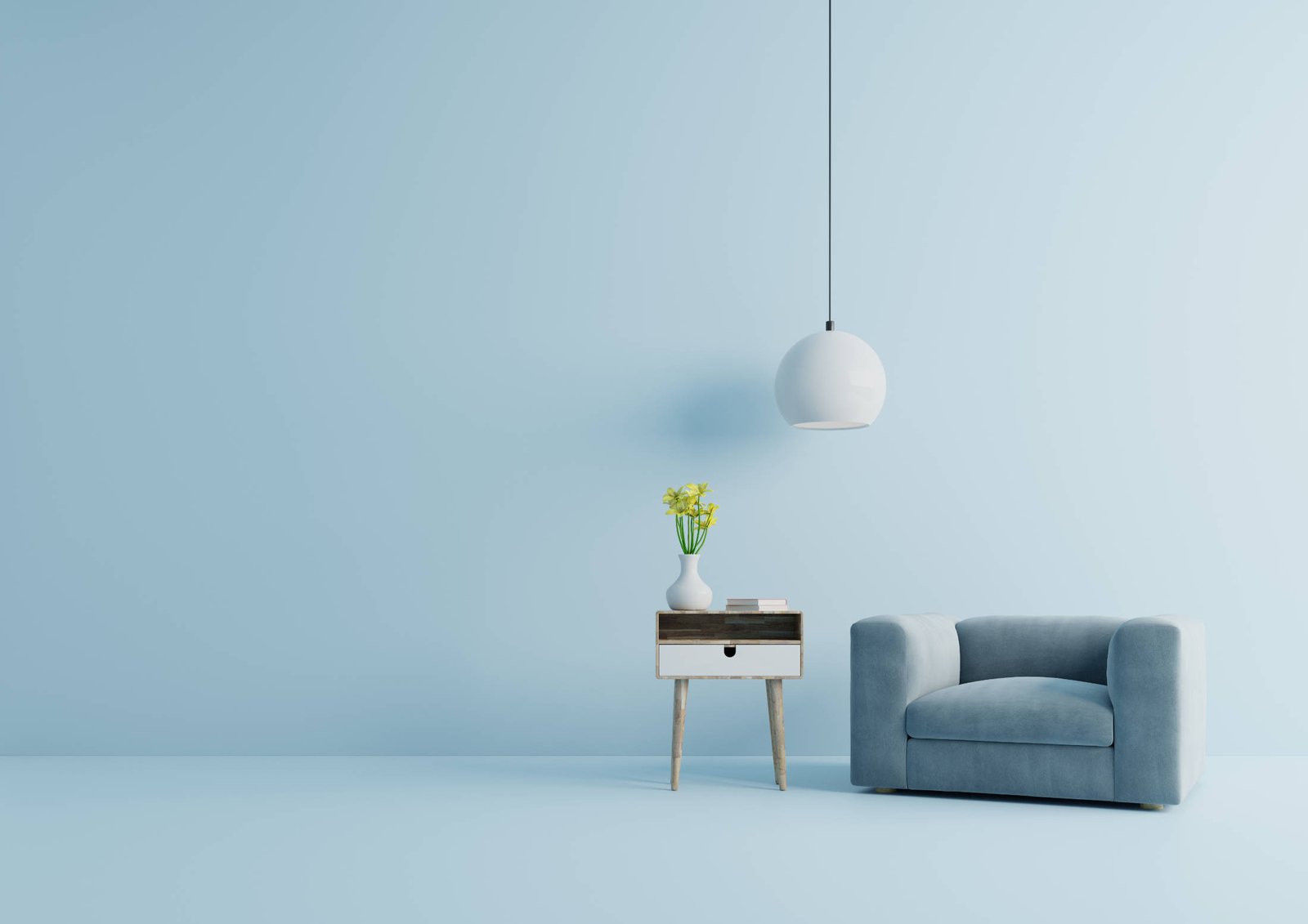 Modern living room with blue armchair have cabinet and lamp on w Designer Clock